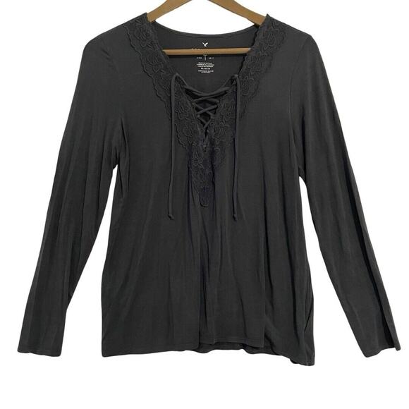 American Eagle Outfitters Tops - American Eagle Top Women’s M Gray AEO Soft & Sexy Long Sleeve Lace Up Neck NEW